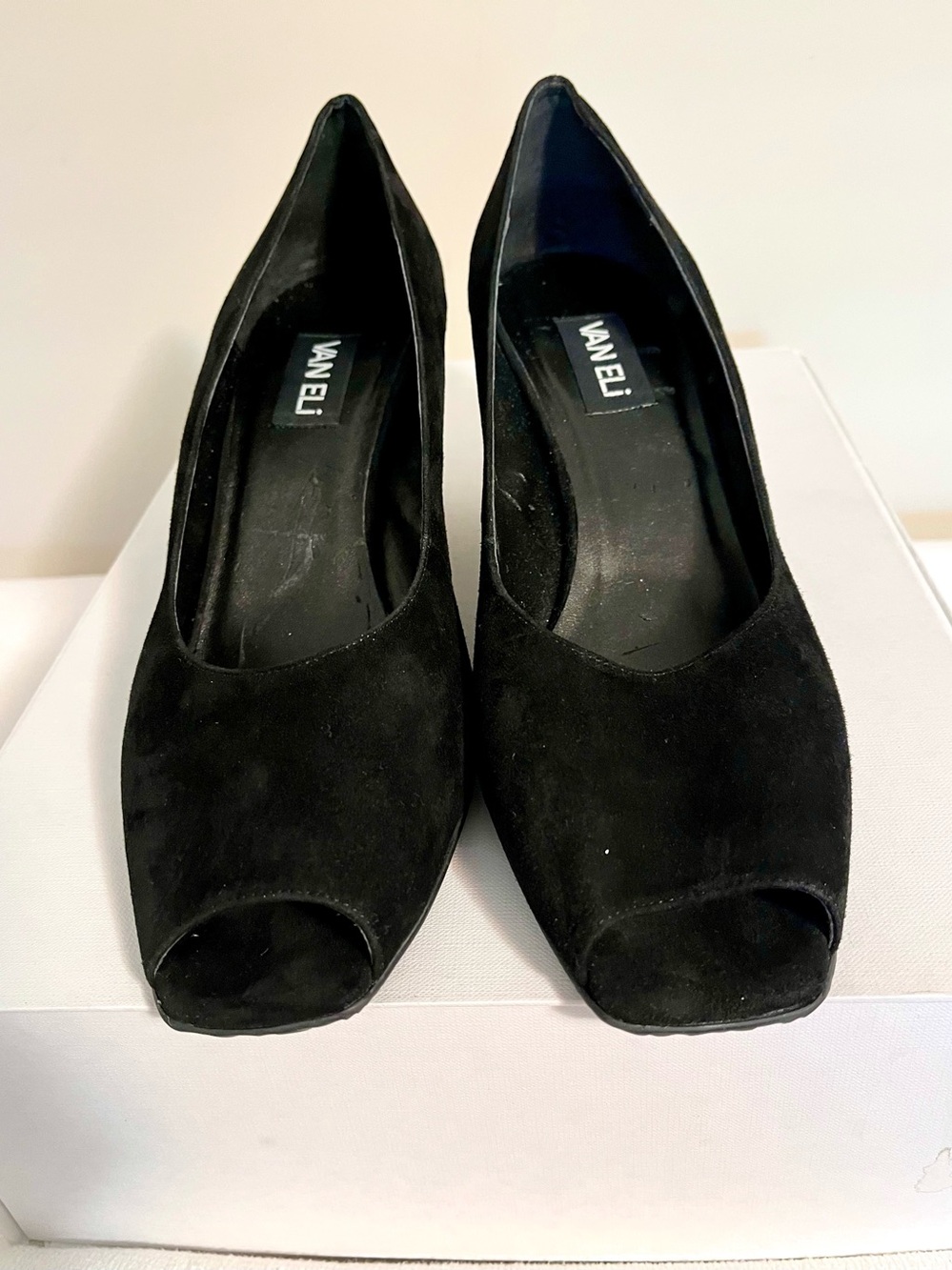 Size 12 VANELI black suede peep toe heel